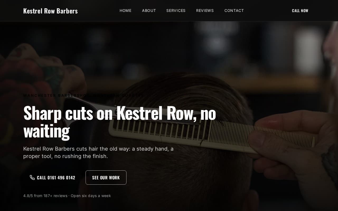 The demo website Prospo built for a barber shop: a close-up of a haircut behind a large headline and a call button