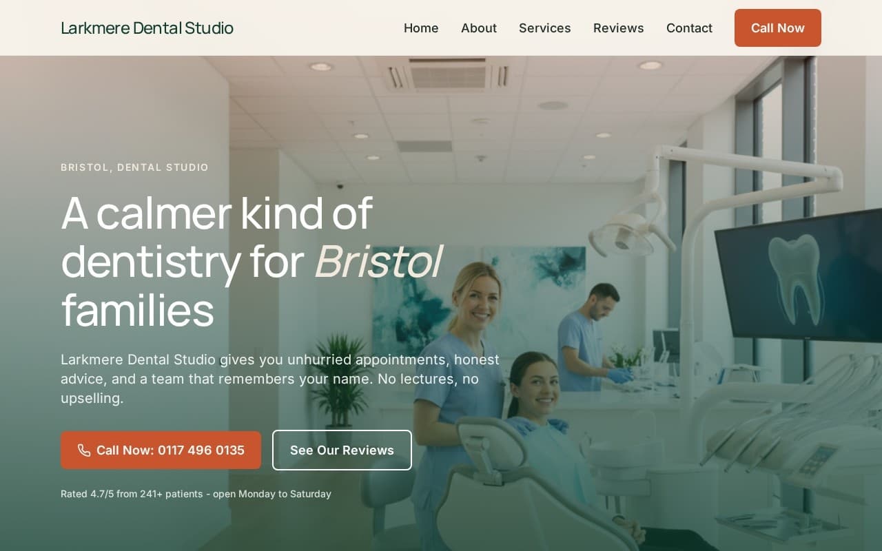A demo site Prospo built for a dental studio: a bright clinic with a dentist and a smiling patient