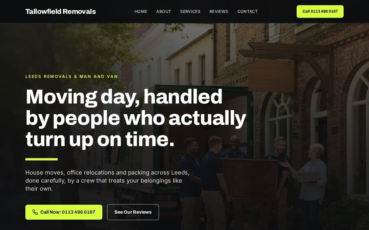 A demo site Prospo built for a removals company: a crew carrying furniture from a van, with a large headline and a call button